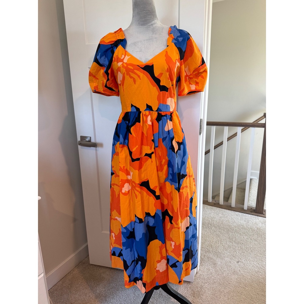 Tabitha Brown for Target Orange Blue Floral Puff Sleeve Cut Out Midi Dress 8